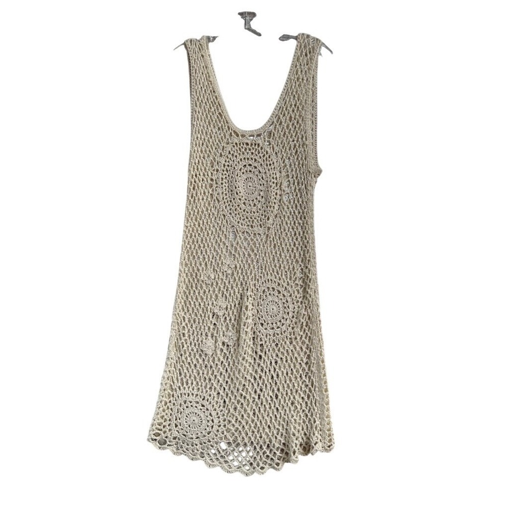 Boho Crochet Mini Dress Cream Ivory Sleeveless Medallion Knit Swim Coverup